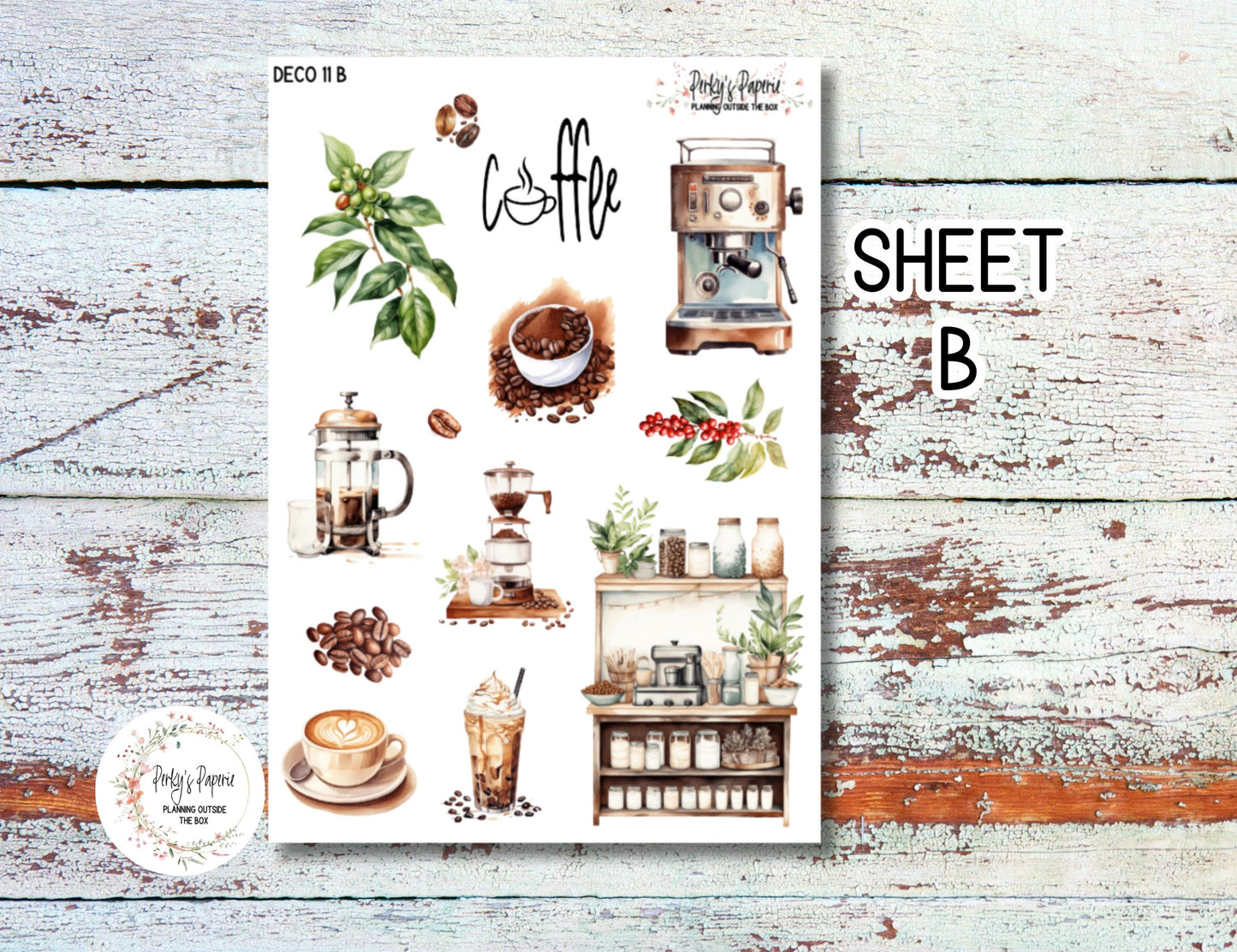 Full Sheet Deco Planner Stickers Kit 11 Coffee Shop Decorations, Coffee Beans and All Things Coffee for Planning Coffee Lovers