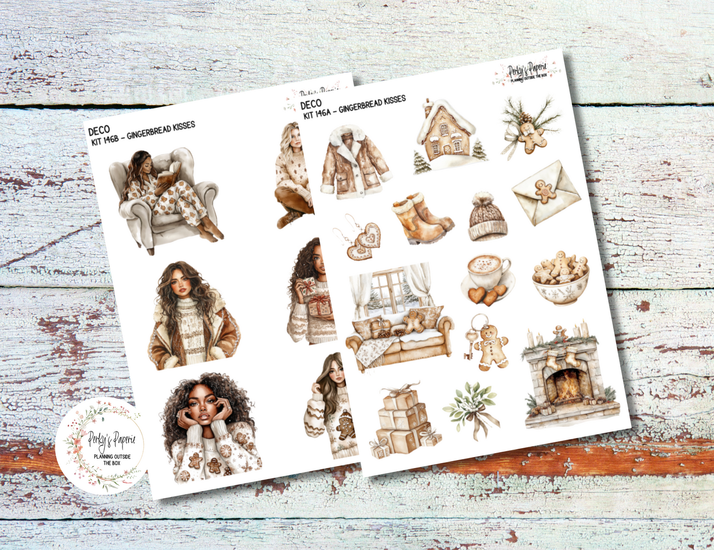 Full Sheet Deco Planner Stickers Kit 146 Gingerbread Kisses - Winter Vibes, EC, HP, Hobonichi, Makselife, Take a Note and Hemlock & Oak