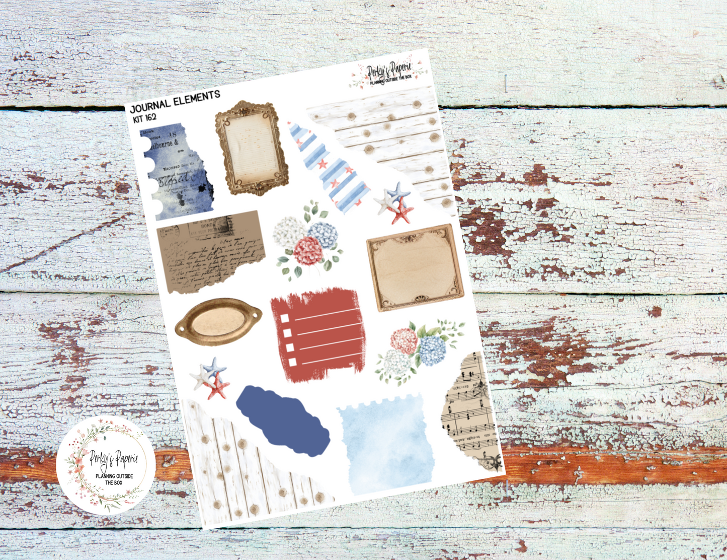 Journal Elements, July At The Island Fourth of July, Memorial Day Kit #162A | Junk Journal Style Stickers, Torn Papers