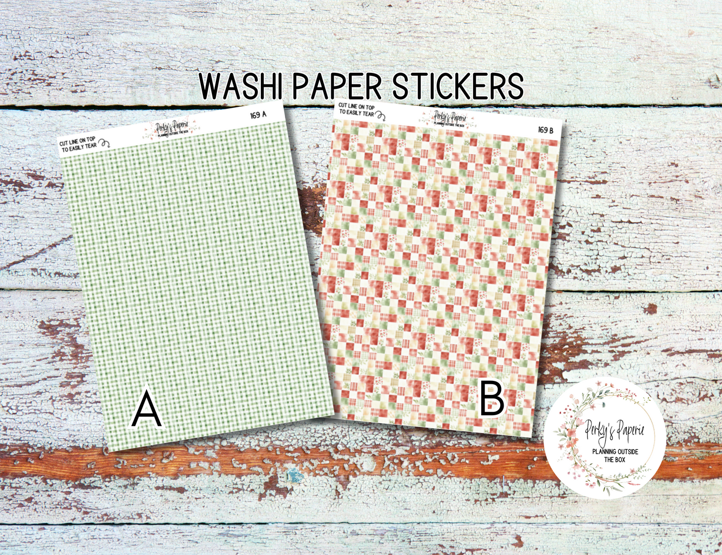 An Apple A Day Fall Washi Paper Tearable Stickers Kit 169 - Green Buffalo Check and Quilt