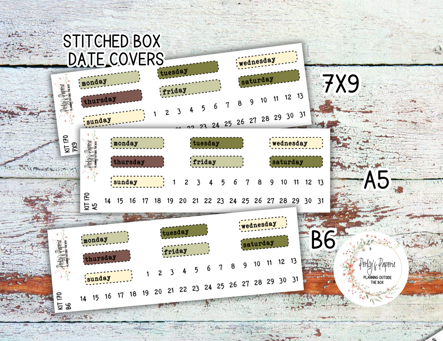 Olive Harvest in Tuscany Stitched Box Mixed Color Date Covers Colorful Planner Stickers for Various Planners Kit 170, Days of the Week Date Cover, Redate Stickers