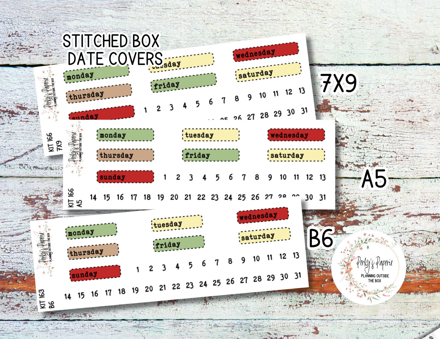 Stitched Box Mixed Color Date Covers Colorful Planner Stickers for Various Planners Kit 166, Days of the Week Date Cover, Redate Stickers