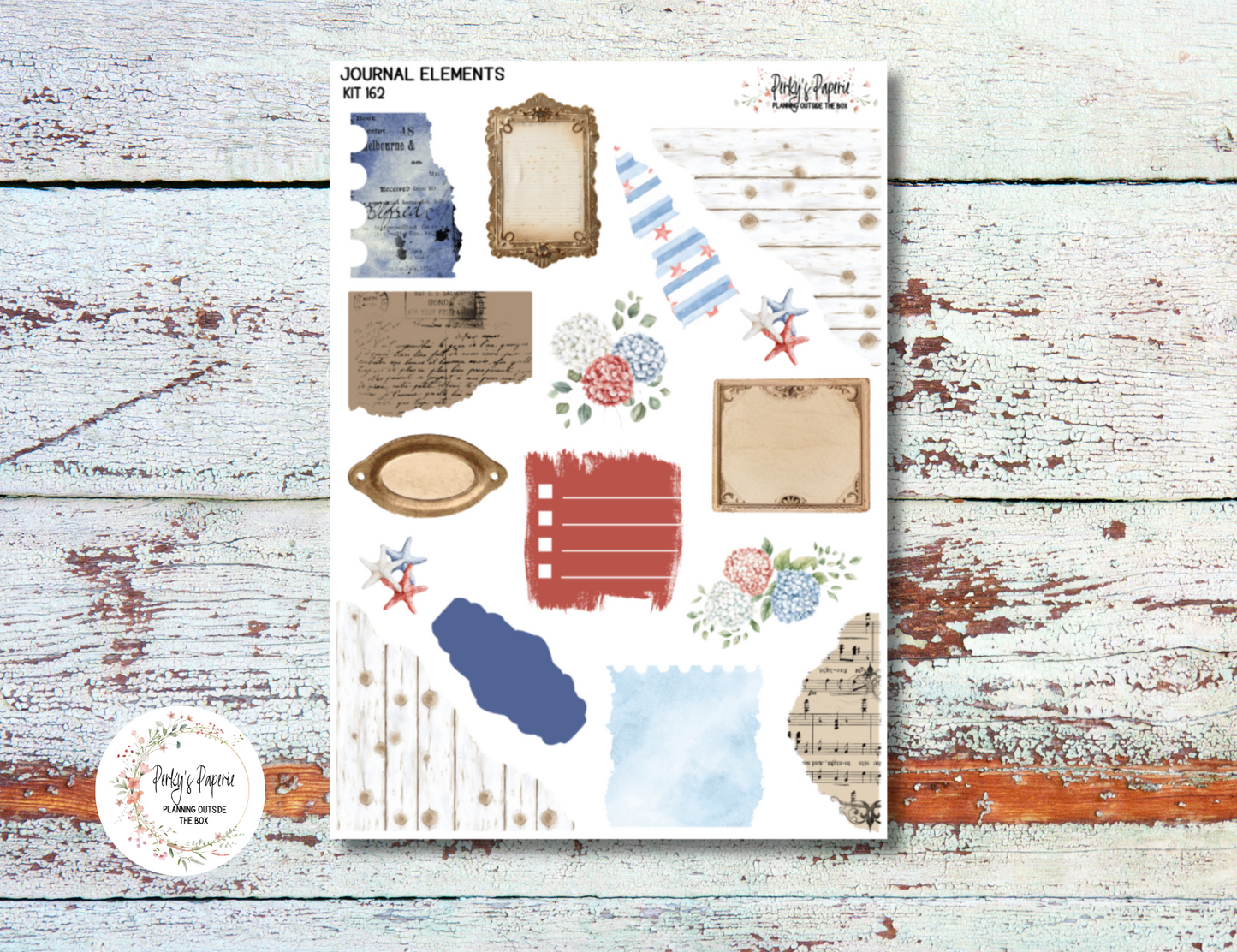 Journal Elements, July At The Island Fourth of July, Memorial Day Kit #162A | Junk Journal Style Stickers, Torn Papers