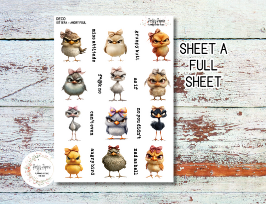 Angry Foul Full Sheet Deco Planner Stickers Kit 167 - Full and Quarter Sheets Available | Aesthetic Planner Stickers | Fits All Planners