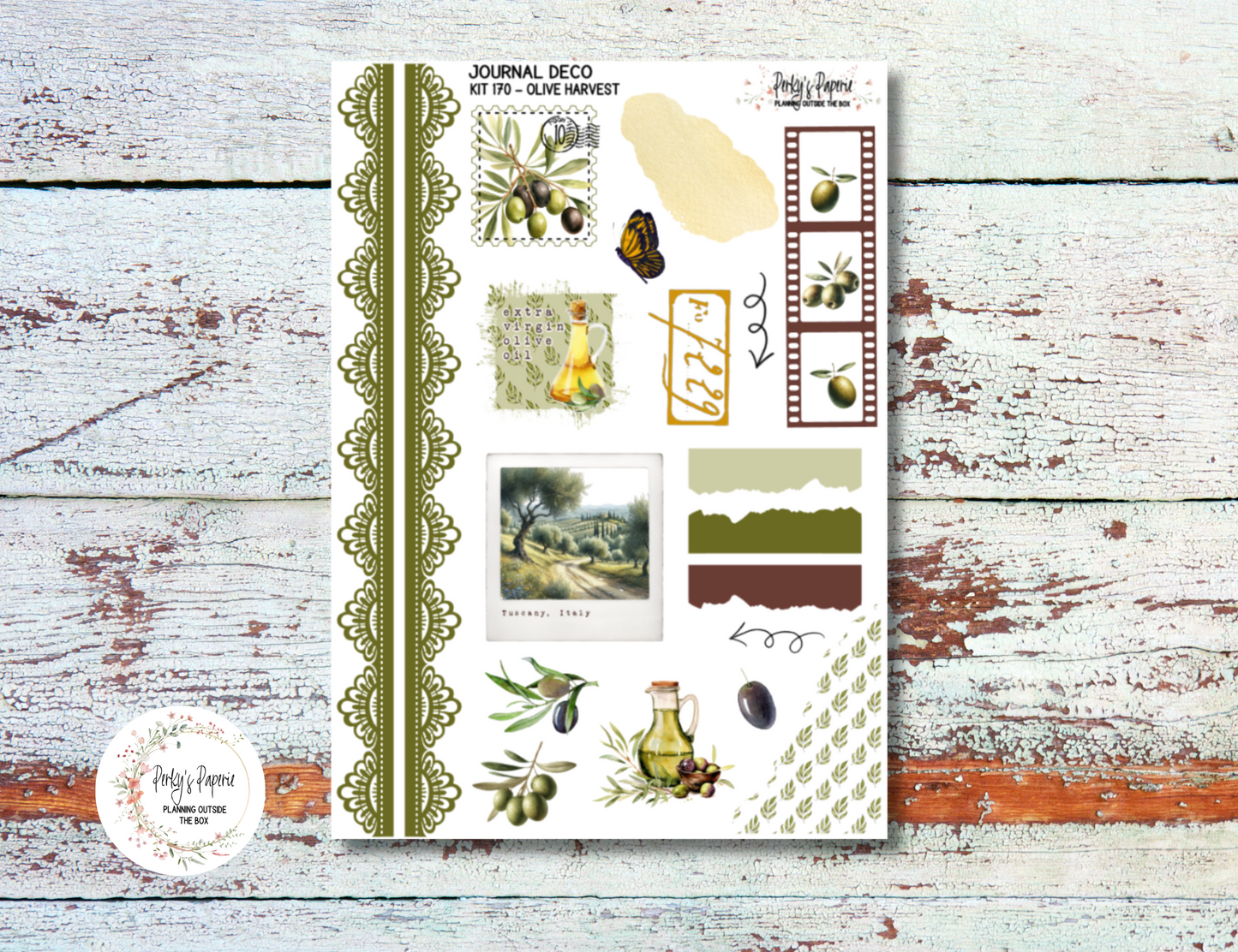 Olive Harvest in Tuscany Journal Deco Sticker Sheet – Kit #170 | Aesthetic Planner Stickers | Fits All Planners