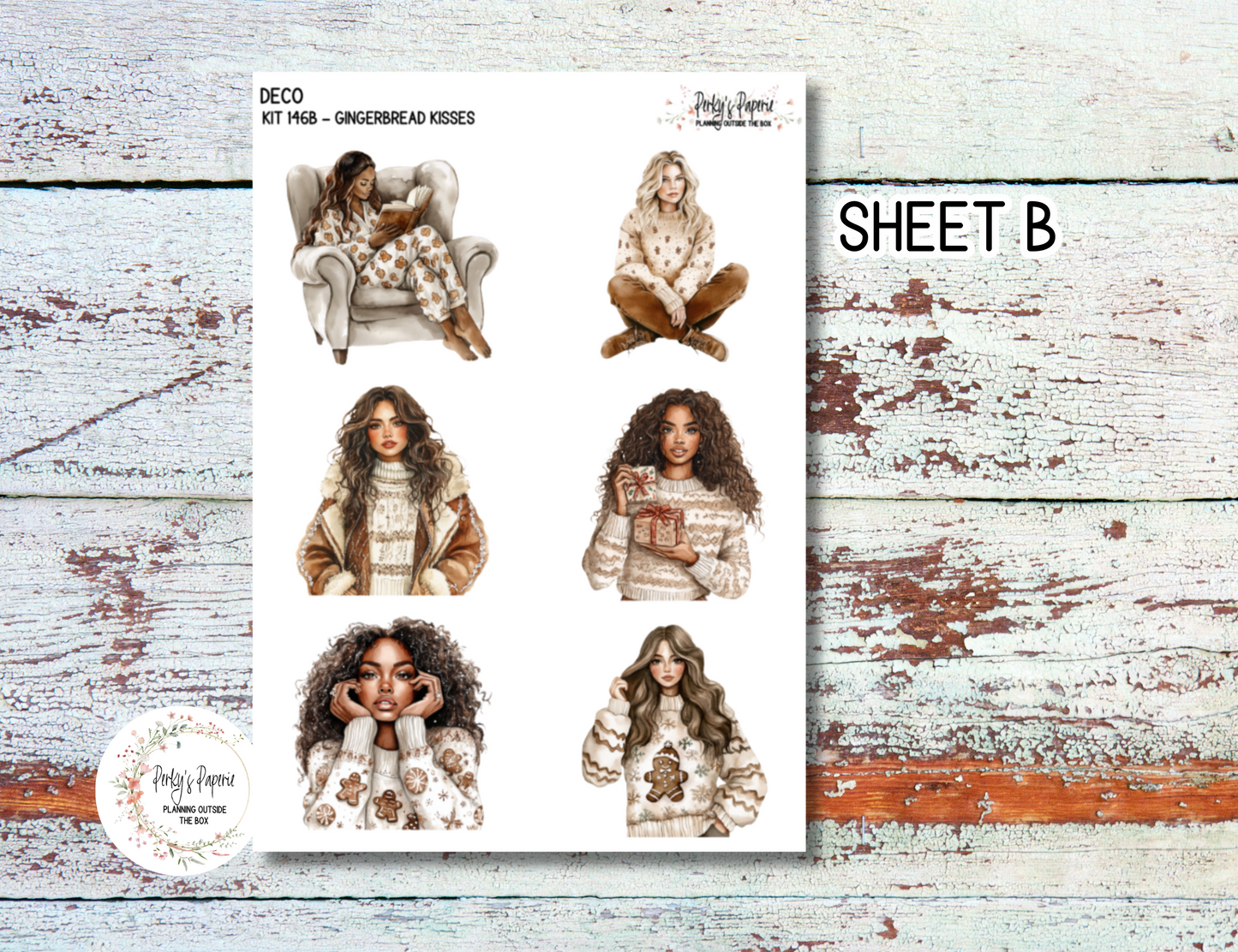 Full Sheet Deco Planner Stickers Kit 146 Gingerbread Kisses - Winter Vibes, EC, HP, Hobonichi, Makselife, Take a Note and Hemlock & Oak