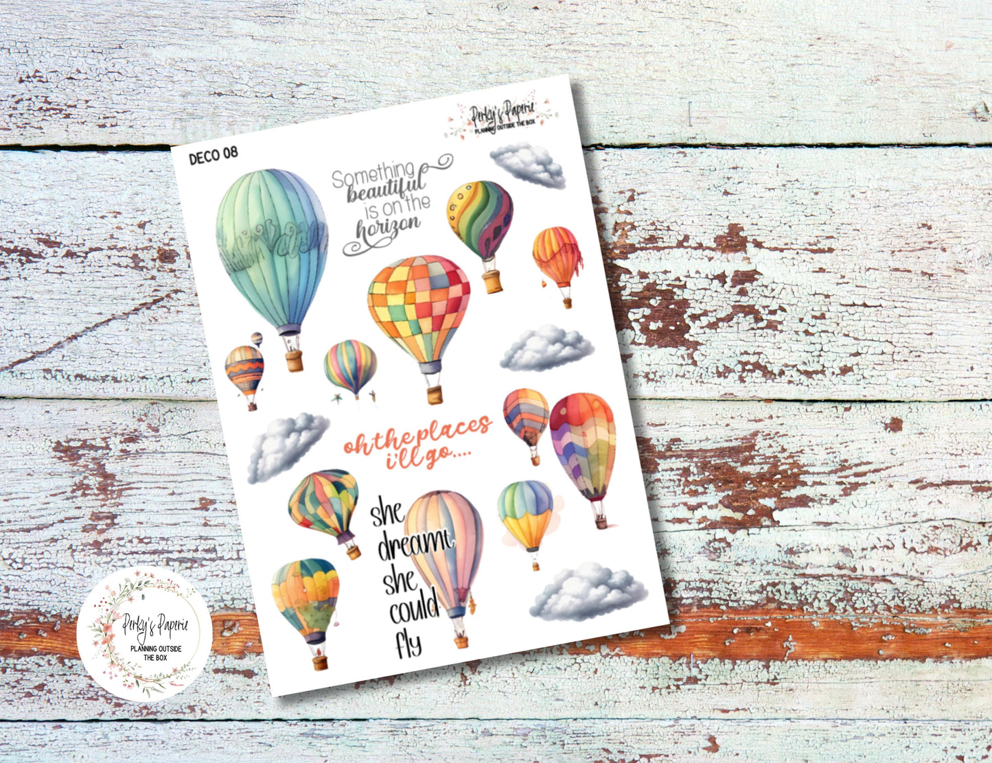 Watercolor Hot Air Balloon Planner Stickers Kit # 08– Travel & Adventure Journal Stickers | Motivational Quote Deco Sheet