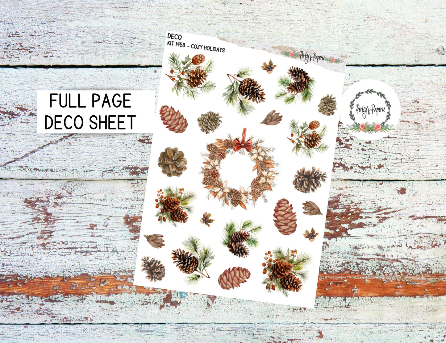 Full Sheet Deco Planner Stickers Kit 145B Cozy Holidays with Winter Pine Cones - EC, HP, Hobonichi, Makselife, Take a Note and Hemlock & Oak