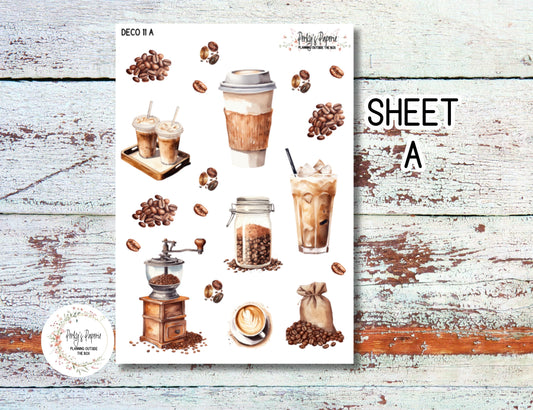 Full Sheet Deco Planner Stickers Kit 11 Coffee Shop Decorations, Coffee Beans and All Things Coffee for Planning Coffee Lovers