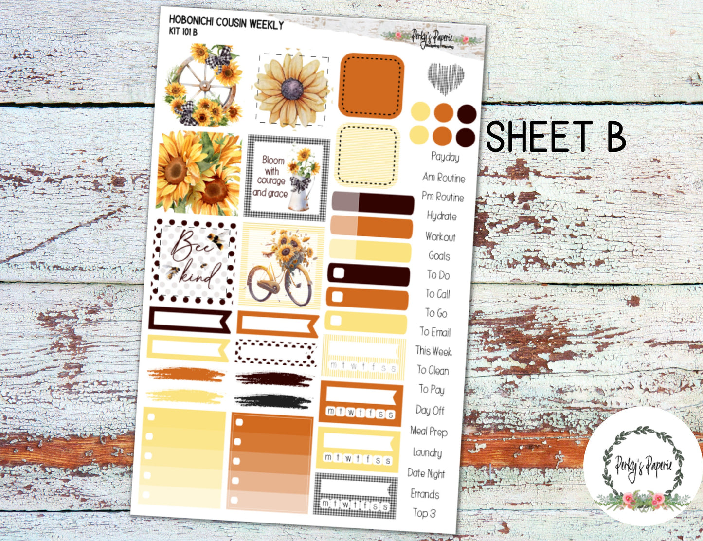 Hobonichi Cousin A5 Weekly Planning Decorative Sticker Kit 101 - Autumn Fall Sunflowers and Honey Bees