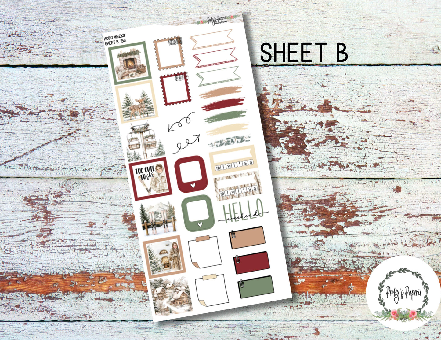 Hobonichi Weeks Planner Sticker Kit – Winter Ski Lodge Theme | Kit 150 | Matte Sticker Sheets for Memory & Appointment Planning