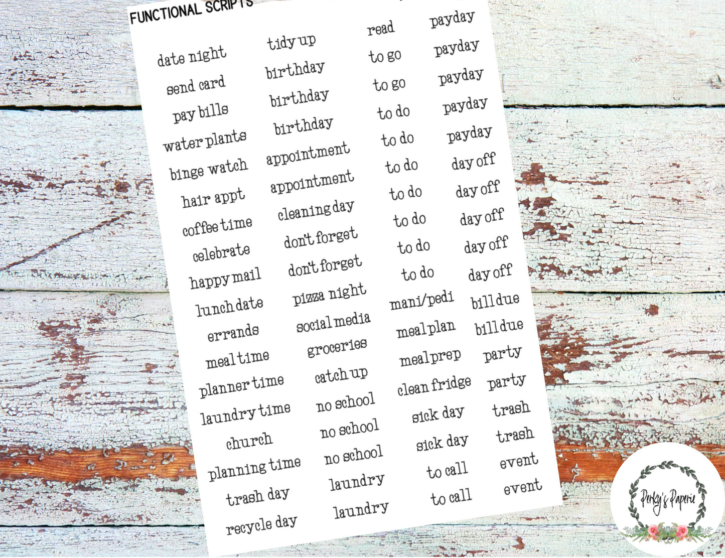 Functional Mixed Life Script Planner Stickers in Typewriter Font