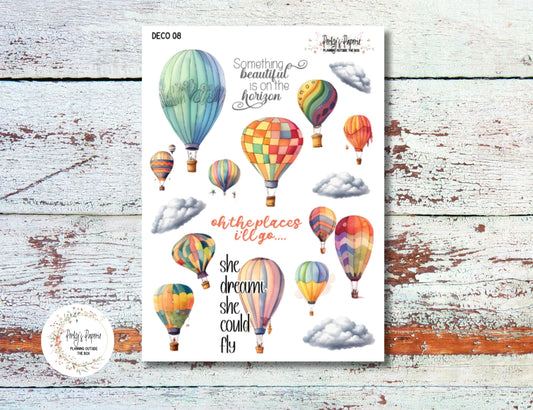 Watercolor Hot Air Balloon Planner Stickers Kit # 08– Travel & Adventure Journal Stickers | Motivational Quote Deco Sheet