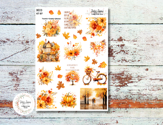 Fall Autumn Deco Sticker Sheet Kit 107 | Cozy Fall Stickers for Planners, Journals & Scrapbooks | Pumpkin Floral House Bicycle Stickers