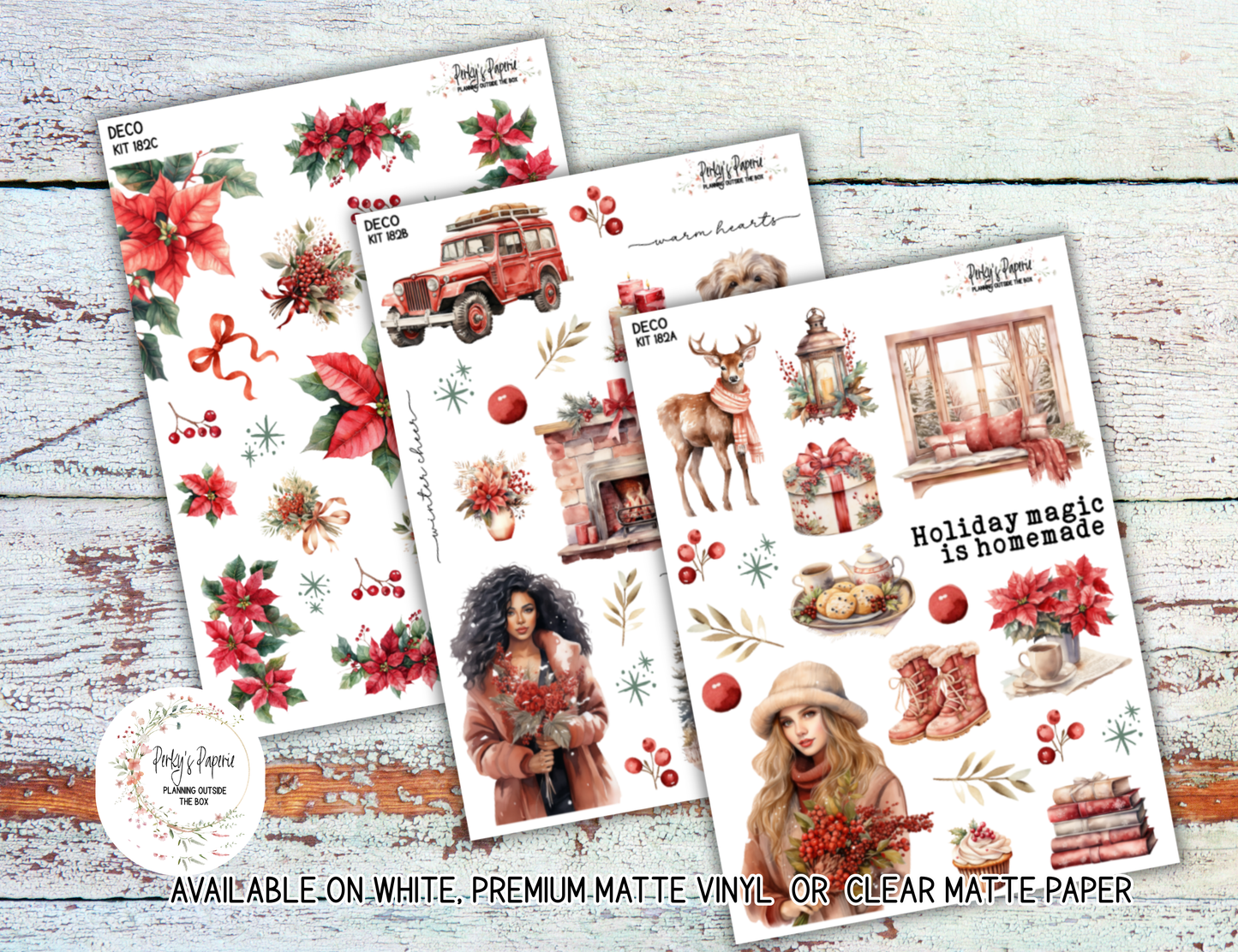 Holiday Magic Christmas Planner Stickers | Cozy Winter Journal Stickers Kit 182 | Poinsettia & Fireplace Deco Sticker Kit for Journaling, Scrapbooking & Planners