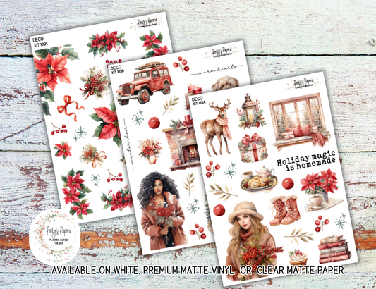 Holiday Magic Christmas Planner Stickers | Cozy Winter Journal Stickers Kit 182 | Poinsettia & Fireplace Deco Sticker Kit for Journaling, Scrapbooking & Planners