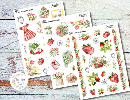 Strawberry Summer Full Sheet Deco Planner Stickers Kit 166, Decorative Planning, Journaling Stickers, Junk Journal, Planner Stickers