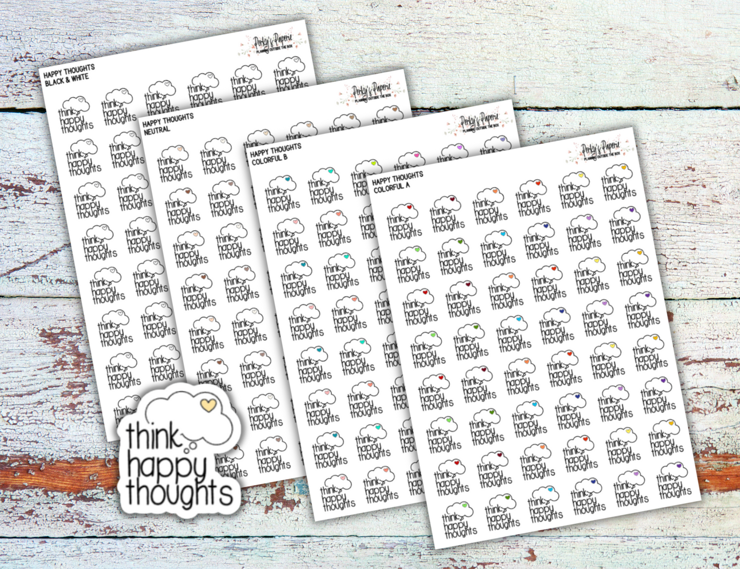 Think Happy Thoughts Planner Stickers – Motivational Quote Script Stickers with Colorful Heart Thought Cloud – Fits Erin Condren, Happy Planner, Hobonichi, Bullet Journals