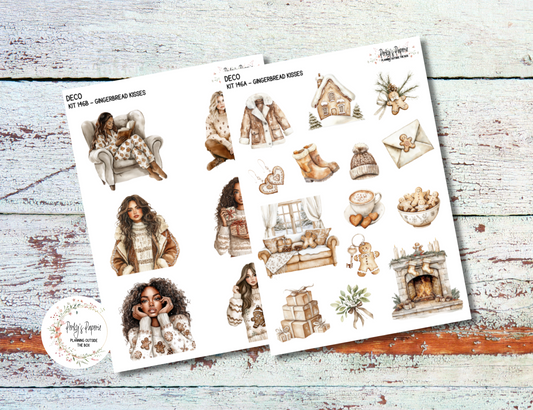 Full Sheet Deco Planner Stickers Kit 146 Gingerbread Kisses - Winter Vibes, EC, HP, Hobonichi, Makselife, Take a Note and Hemlock & Oak