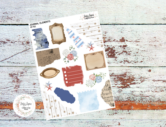 Journal Elements, July At The Island Fourth of July, Memorial Day Kit #162A | Junk Journal Style Stickers, Torn Papers