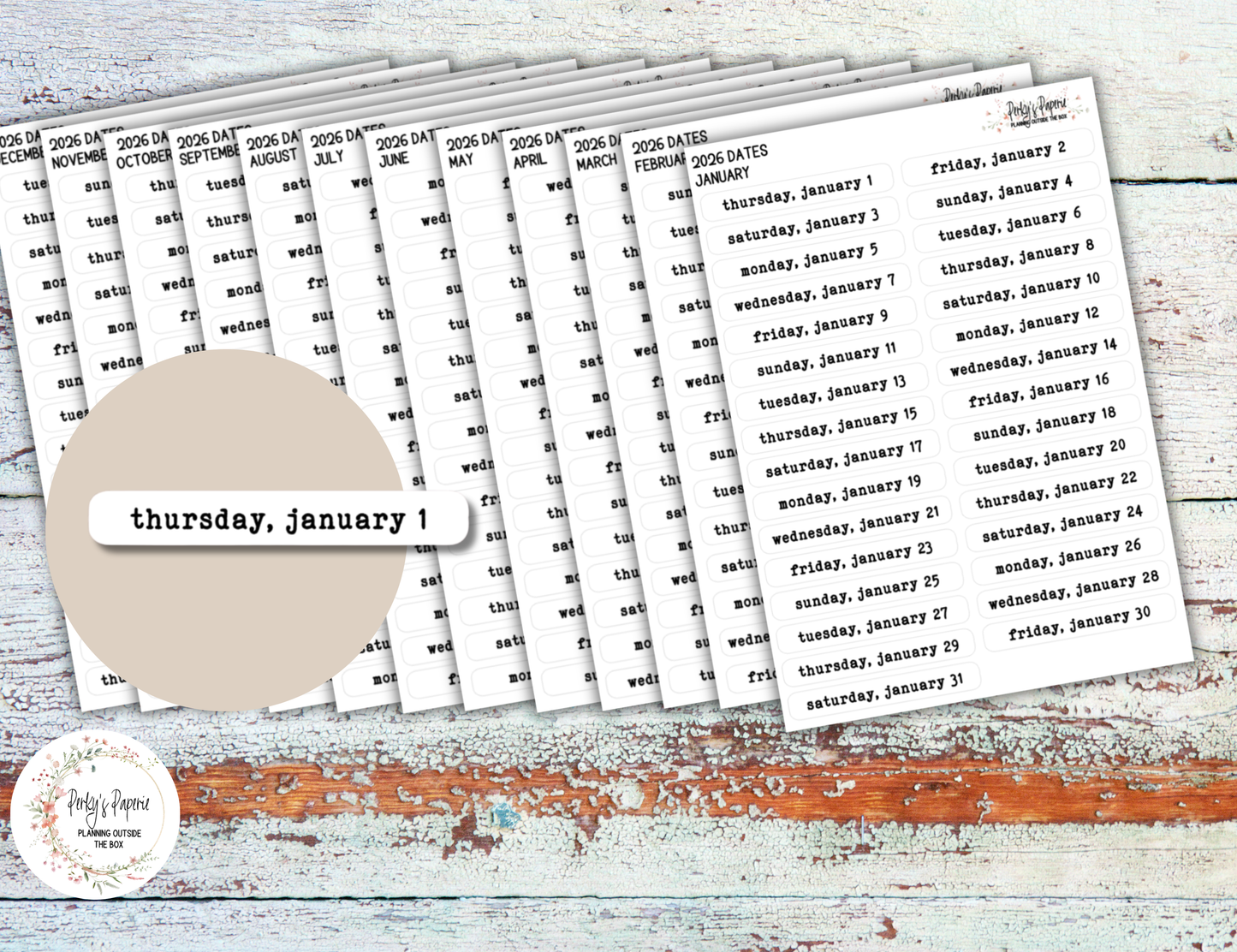 2026 Dates of the Month Label Stickers in Typewriter Font