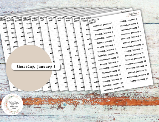 2026 Dates of the Month Label Stickers in Typewriter Font