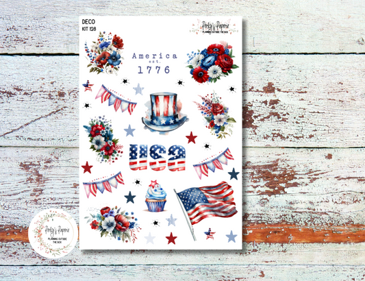 Full Sheet Deco Planner Stickers Kit 128 Stars and Stripes, 4th of July, Memorial Day, Flag Day, EC, HP, Hobonichi, Makselife, Take a Note