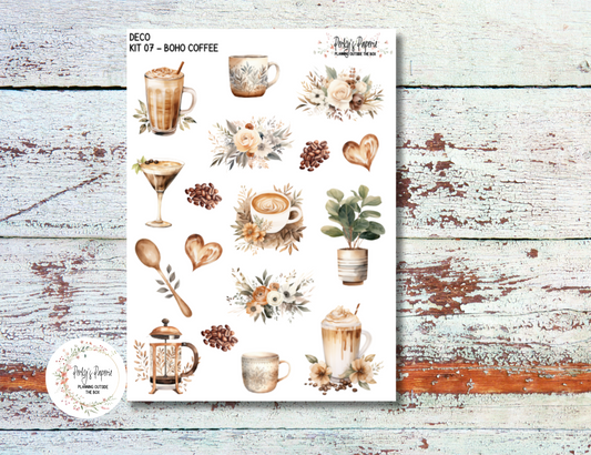 Full Sheet Deco Planner Stickers Kit 07 Boho Coffee, EC, HP, Hobonichi, Makselife, Take a Note