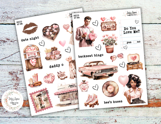 Retro Valentine Sticker Kit 191 – 1950s Vintage Love Aesthetic, Rockabilly Date Night Deco Stickers, Pink Retro Planner & Journaling Stickers for Scrapbooking