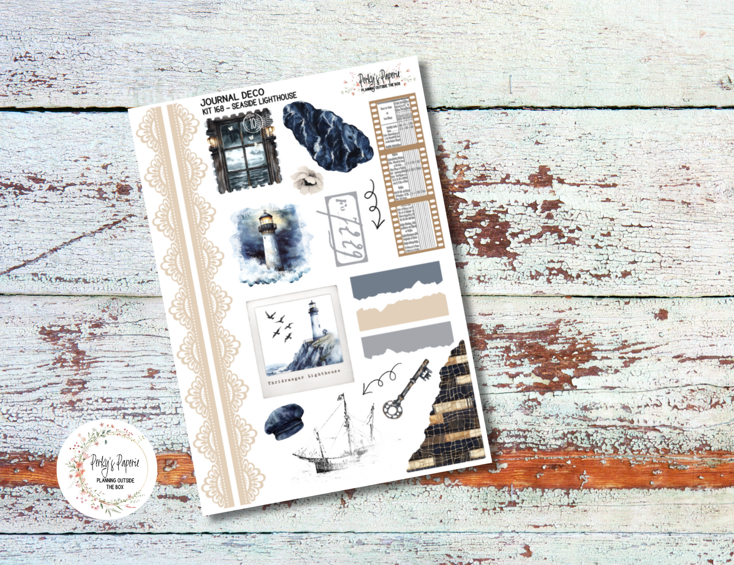 Seaside Lighthouse Journal Deco Sticker Sheet – Kit #168 | Aesthetic Planner Stickers | Fits All Planners