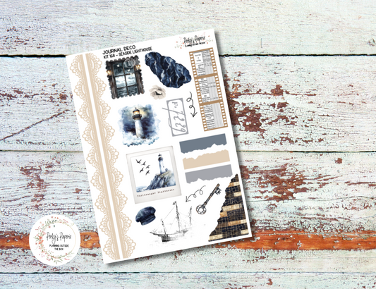 Seaside Lighthouse Journal Deco Sticker Sheet – Kit #168 | Aesthetic Planner Stickers | Fits All Planners