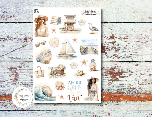 Full Sheet Deco Planner Stickers Kit 130 Beach Day, EC, HP, Hobonichi, Makselife, Take a Note and Hemlock & Oak