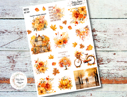 Fall Autumn Deco Sticker Sheet Kit 107 | Cozy Fall Stickers for Planners, Journals & Scrapbooks | Pumpkin Floral House Bicycle Stickers