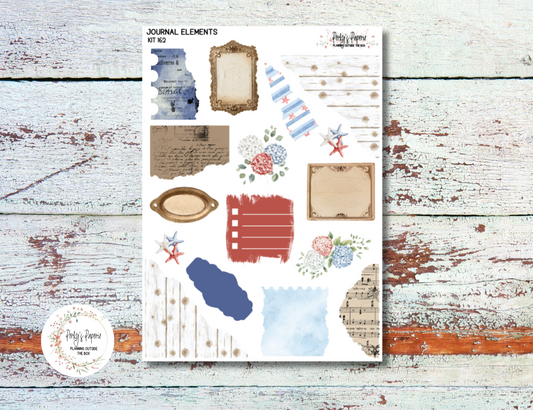 Journal Elements, July At The Island Fourth of July, Memorial Day Kit #162A | Junk Journal Style Stickers, Torn Papers