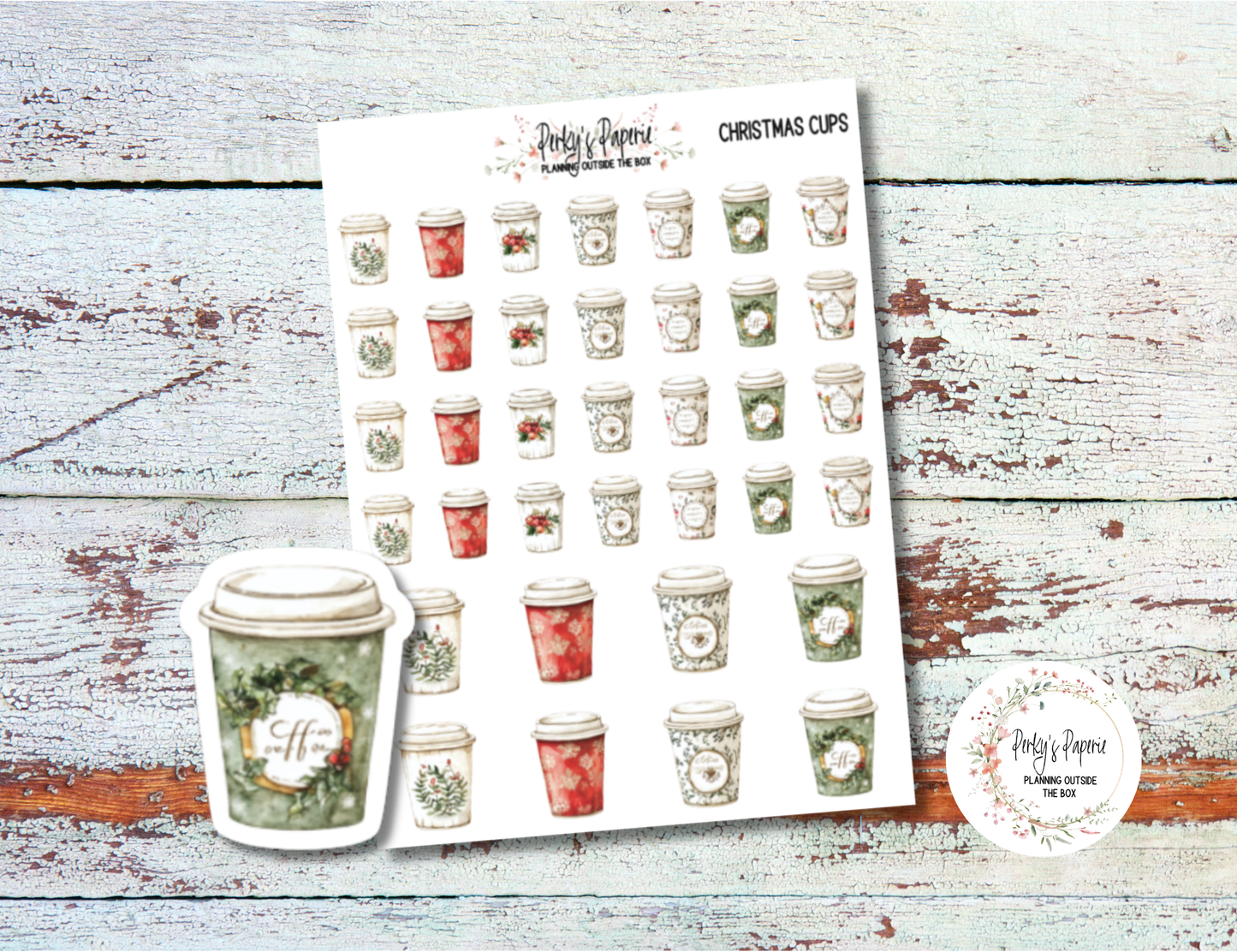 Christmas Coffee Cup Icon Planner Stickers in Small and Large - Coffee To Go, Christmas Theme Take Away Coffee Cups - Quarter Sheet