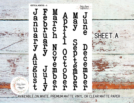 Vertical Monthly Typewriter Script Planner Stickers - Large for Decroating Planner Monthly Calendars and Journals  Capital or lower case font available