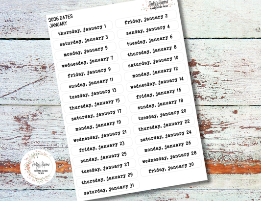 2026 Dates of the Month Label Stickers in Typewriter Font