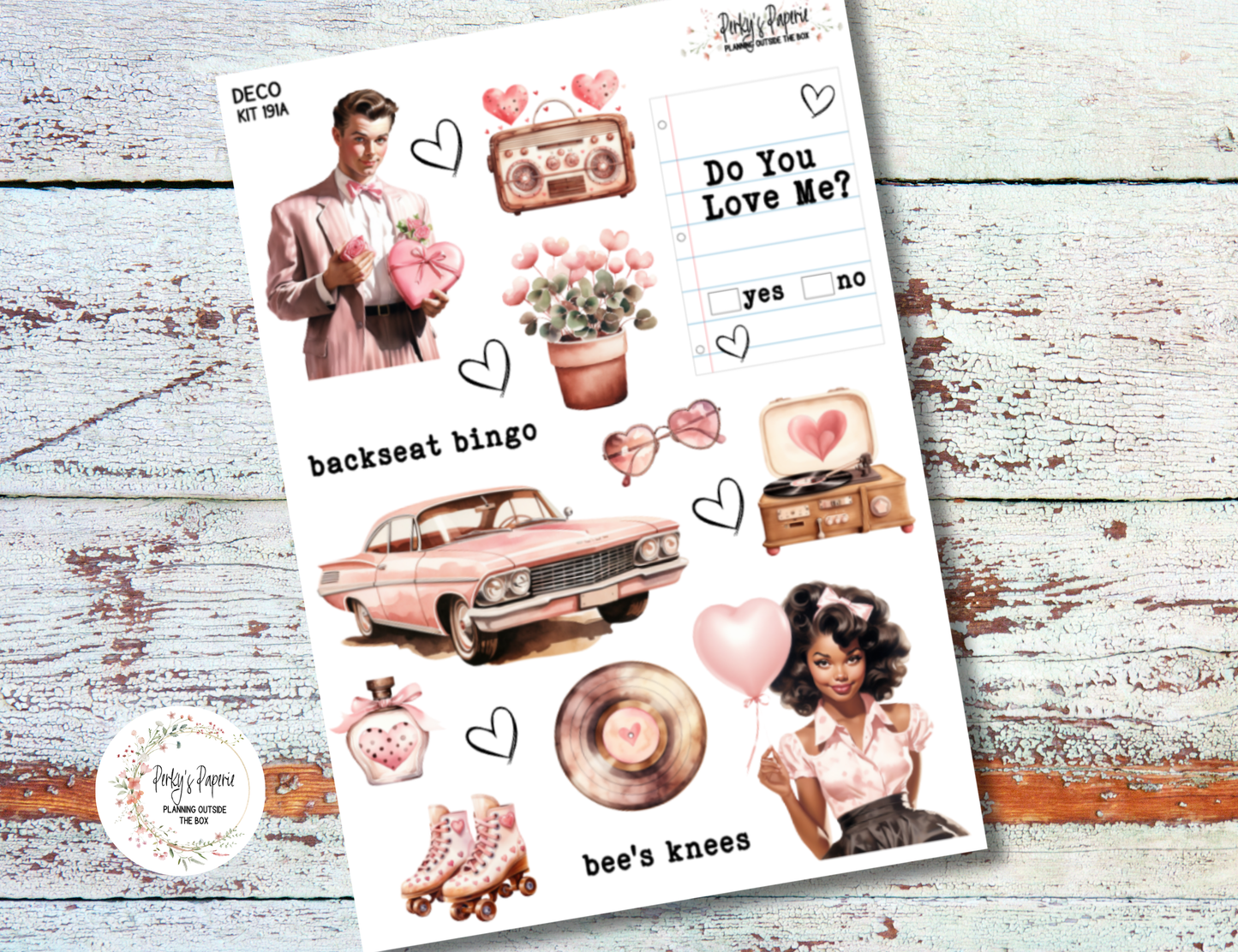 Retro Valentine Sticker Kit 191 – 1950s Vintage Love Aesthetic, Rockabilly Date Night Deco Stickers, Pink Retro Planner & Journaling Stickers for Scrapbooking
