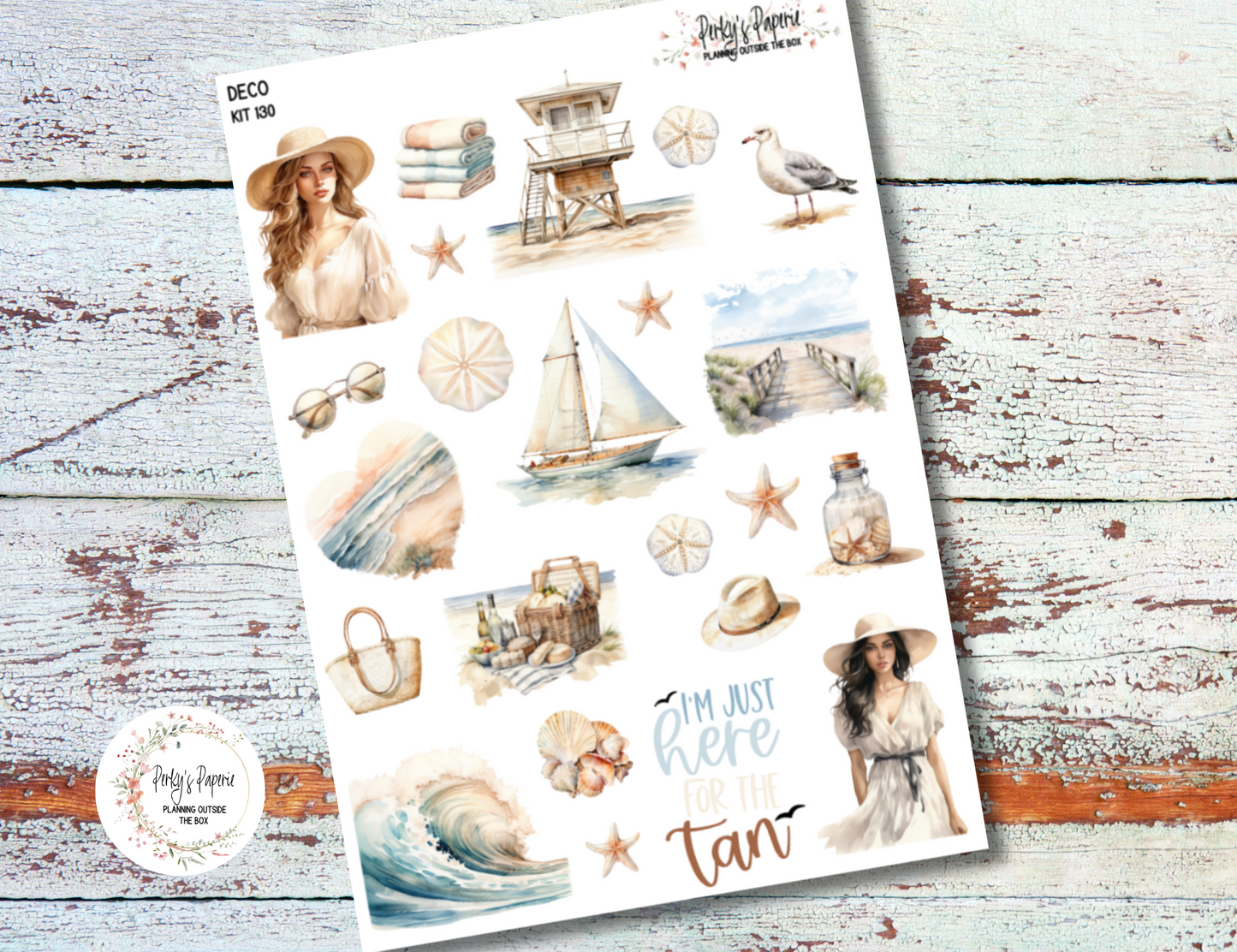 Full Sheet Deco Planner Stickers Kit 130 Beach Day, EC, HP, Hobonichi, Makselife, Take a Note and Hemlock & Oak