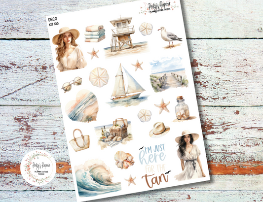 Full Sheet Deco Planner Stickers Kit 130 Beach Day, EC, HP, Hobonichi, Makselife, Take a Note and Hemlock & Oak