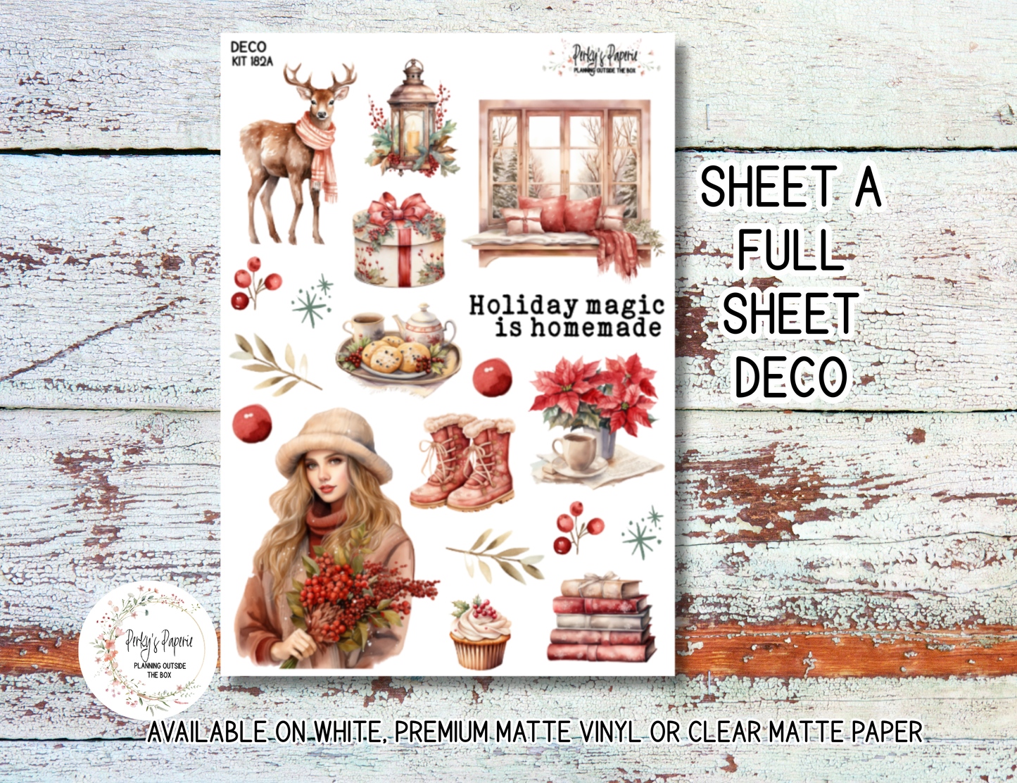 Holiday Magic Christmas Planner Stickers | Cozy Winter Journal Stickers Kit 182 | Poinsettia & Fireplace Deco Sticker Kit for Journaling, Scrapbooking & Planners