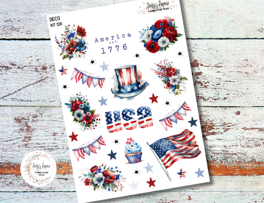 Full Sheet Deco Planner Stickers Kit 128 Stars and Stripes, 4th of July, Memorial Day, Flag Day, EC, HP, Hobonichi, Makselife, Take a Note