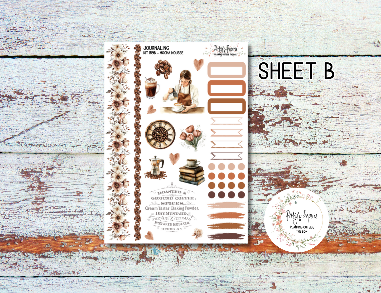 Mocha Mousse Journaling Sticker Kit 159, Planner Stickers for Weekly Layouts, Functional & Decorative Coffee-Themed Stickers for All Planner Sizes