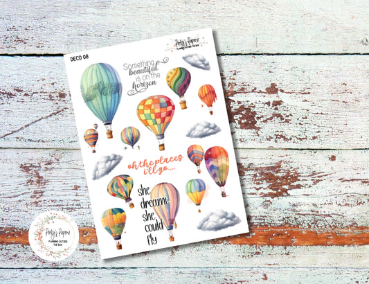 Watercolor Hot Air Balloon Planner Stickers Kit # 08– Travel & Adventure Journal Stickers | Motivational Quote Deco Sheet