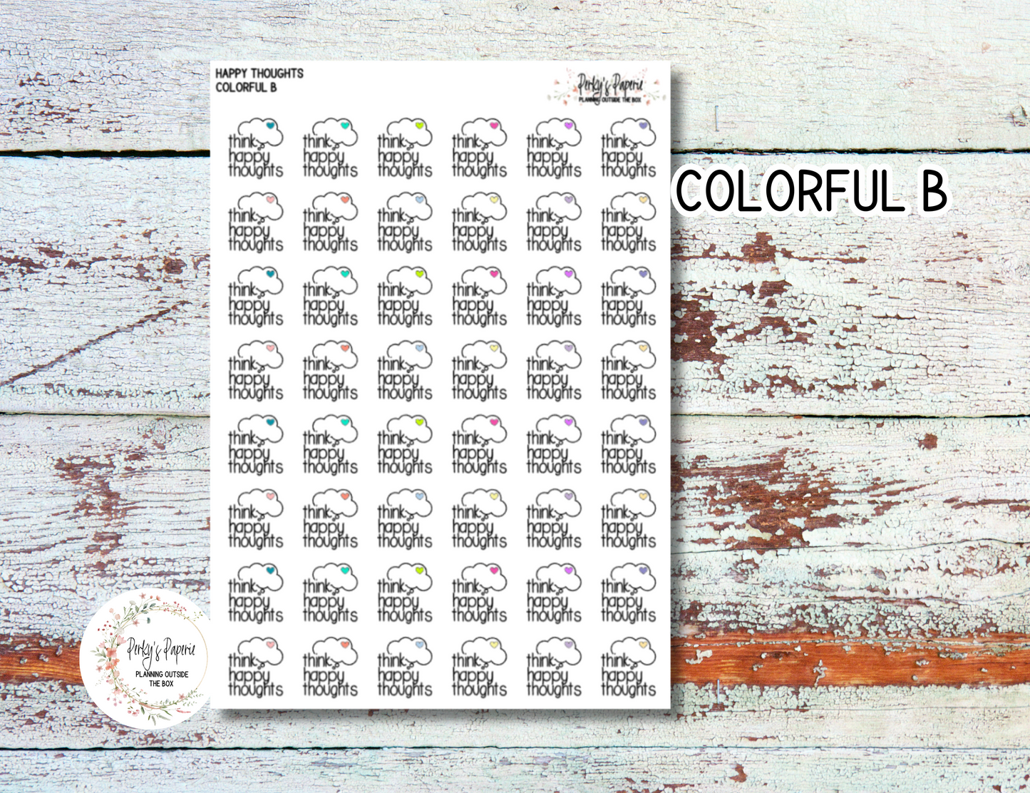 Think Happy Thoughts Planner Stickers – Motivational Quote Script Stickers with Colorful Heart Thought Cloud – Fits Erin Condren, Happy Planner, Hobonichi, Bullet Journals