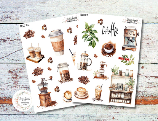 Full Sheet Deco Planner Stickers Kit 11 Coffee Shop Decorations, Coffee Beans and All Things Coffee for Planning Coffee Lovers