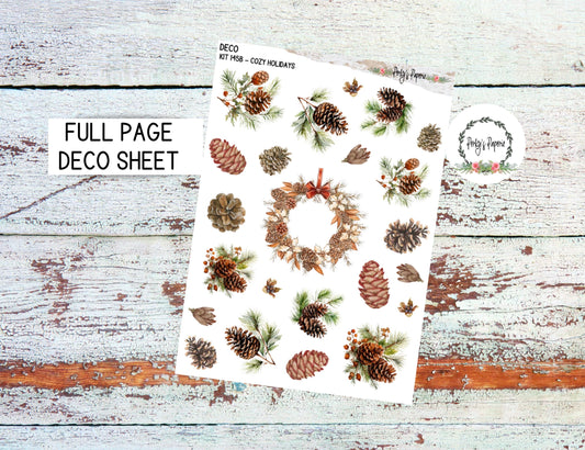 Full Sheet Deco Planner Stickers Kit 145B Cozy Holidays with Winter Pine Cones - EC, HP, Hobonichi, Makselife, Take a Note and Hemlock & Oak