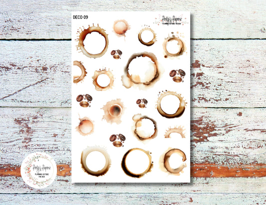 Full Sheet Deco Planner Stickers Kit 11 Coffee Spills, Coffee Stains, Coffee Rings for Coffee Lovers