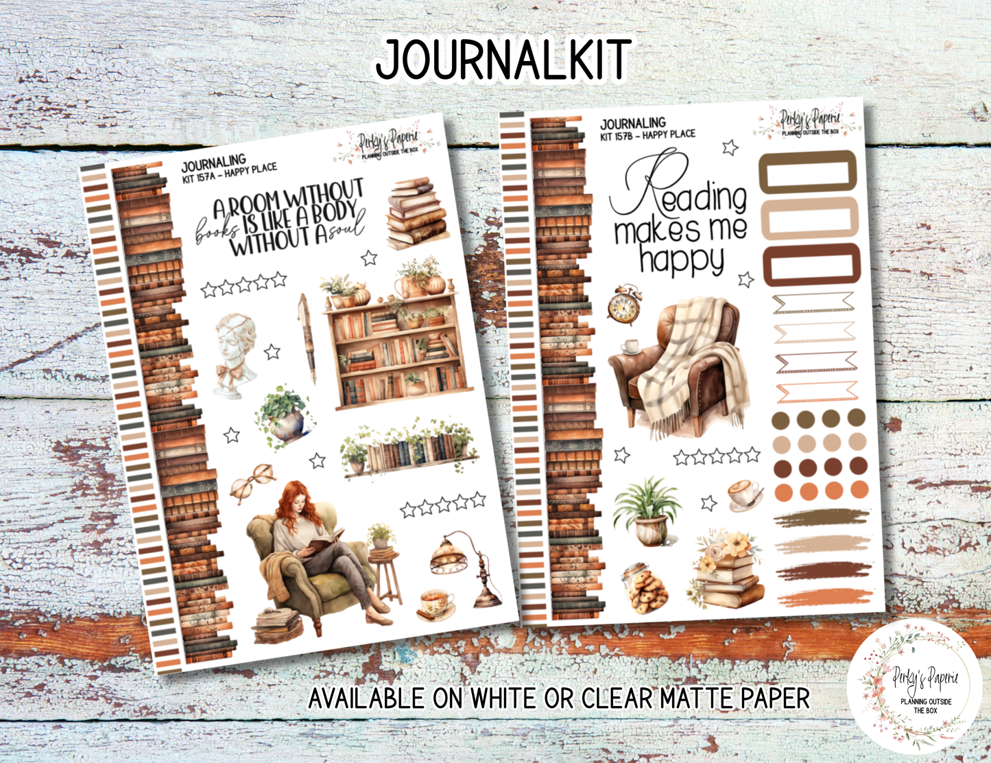 Happy Place Bookish Journaling Sticker Kit 157 | Cozy Reading Planner Stickers | Book Journal Stickers | Junk Journal & Bujo Supplies | White or Clear Matte