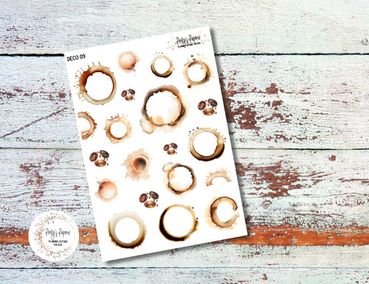 Full Sheet Deco Planner Stickers Kit 11 Coffee Spills, Coffee Stains, Coffee Rings for Coffee Lovers